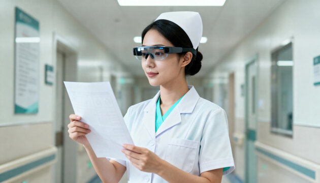 Asian nurse wearing futuristic smart glasses in a hospital. Medical professional using augmented reality technology. The future of healthcare and innovation - Powered by Adobe