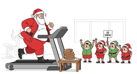 Santa Claus exercising on treadmill while elves cheer in festive decor  