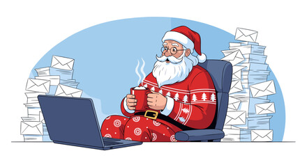 Santa Claus relaxing with a cup while working on a laptop  