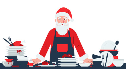 Santa Claus in apron surrounded by dirty dishes after Christmas dinner  