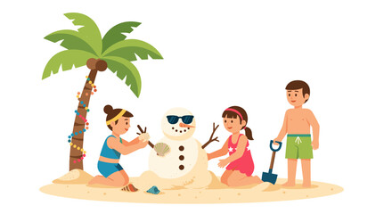 Children making snowman on beach in summer with palm tree backdrop  