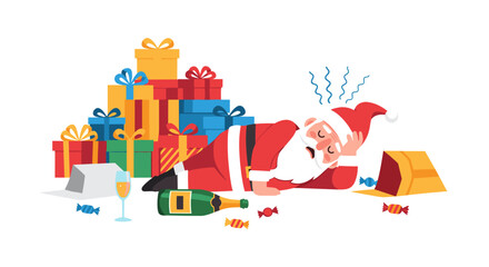 Santa Claus lying on the floor next to scattered gifts and champagne  
