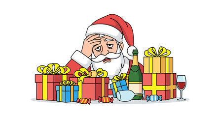 Santa Claus looking worried beside stacked Christmas gifts and drinks  