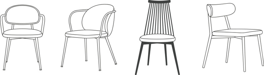 Modern minimalist dining chairs collection, clean line furniture set, contemporary interior decor seating, stylish outline chair designs, flat vector illustration