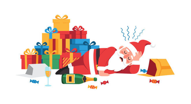 Santa Claus lying on the floor next to scattered gifts and champagne  