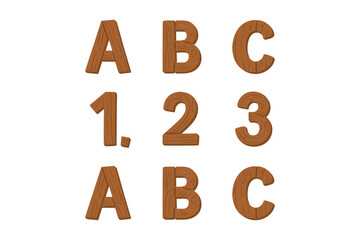 Large wooden letters A B C, numbers one two three, bold display digits, rustic signage design, vector collection