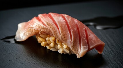 Dramatic macro photograph single piece nigiri sushi dark slate plate
