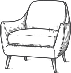Modern upholstered armchair sketch, elegant furniture outline design, contemporary interior seating illustration, stylish home decor chair artwork, flat vector illustration