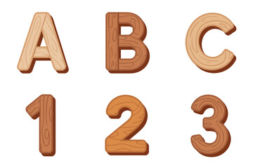 Classic wood letters A B C, matching numbers one two three, carved alphabet digits collection, vintage vector clipart