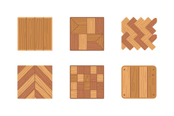 Parquet floor patterns collection, geometric wood tiles, chevron, weave, mosaic squares, rounded edges sample, interior design vector