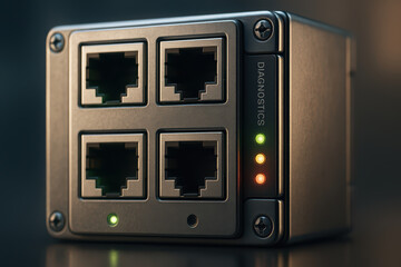 Obraz premium Network module with four Ethernet ports and diagnostic LED indicators glowing in green and orange, showing active status and connectivity in compact industrial device