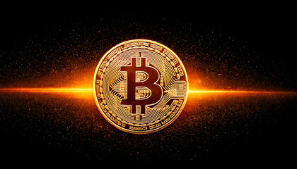 Golden cryptocurrency coin floating with glowing digital particles, black background, dramatic lighting