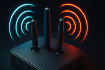 Wireless antenna technology, signal transmission, black device with three antennas emitting blue and red waves, modern communication equipment, digital connectivity, network router emitting signals