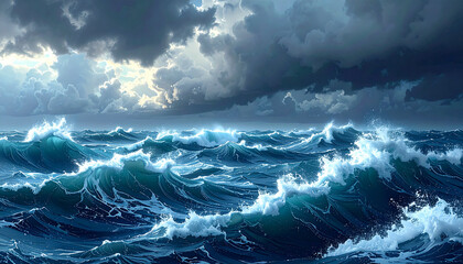 Dramatic stormy ocean waves under cloudy sky, dark blue water, high-detail natural photography