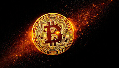 Golden cryptocurrency coin floating with glowing digital particles, black background, dramatic lighting