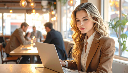 Modern businesswoman working on laptop in cozy cafe, warm ambient lighting, candid lifestyle photography
