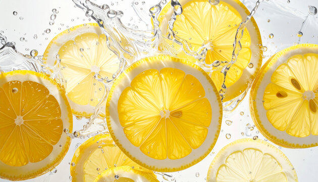 High-speed macro shot of lemon slices in clear water splash, crisp details, vibrant yellow tones, white background, commercial style