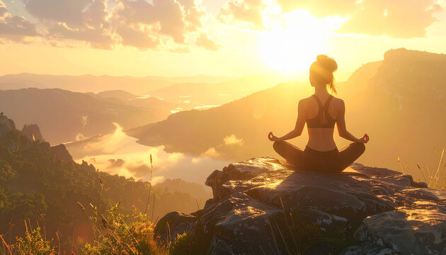 Fit woman doing yoga on cliff at sunrise, soft golden light, peaceful atmosphere, ultra-realistic photography - Powered by Adobe