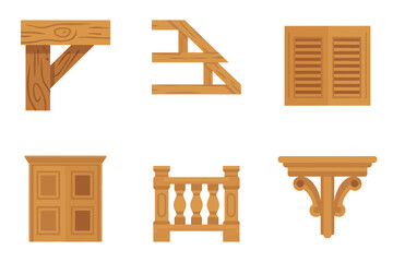 Timber millwork elements bundle, knee brace support, roof rafter ladder, shutter pair, paneled door, baluster group, ornate corbel © RA Studio