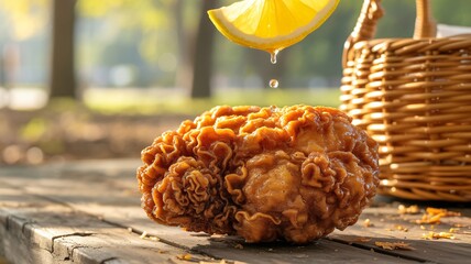 Extreme close up crispy fried chicken squeeze lemon drop picnic table