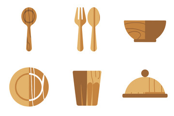 Minimal wooden dining essentials, spoon fork pair, circular plate with segment, tumbler cup, covered dish cloche, warm vector