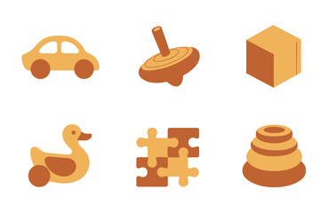 Wooden toys collection, toy car, spinning top, building cube, pull duck, puzzle piece, stacking rings, playful vector