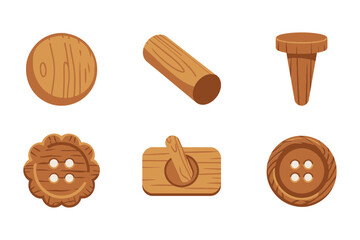 Carpentry craft pieces, round wood button, trimmed log, tapered dowel, carved medallion, plank tag, rustic fasteners vector