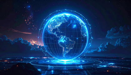 3D glowing digital globe with connecting lines, futuristic blue palette, technology illustration