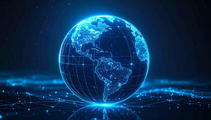 3D glowing digital globe with connecting lines, futuristic blue palette, technology illustration