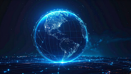Obraz premium 3D glowing digital globe with connecting lines, futuristic blue palette, technology illustration