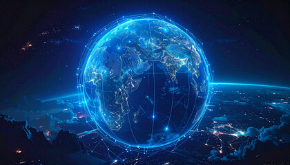 3D glowing digital globe with connecting lines, futuristic blue palette, technology illustration