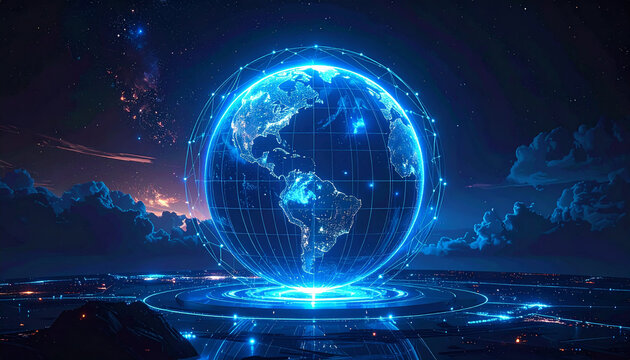 3D glowing digital globe with connecting lines, futuristic blue palette, technology illustration
