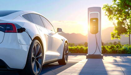 Electric vehicle charging at modern station, clean daylight, futuristic eco-friendly design