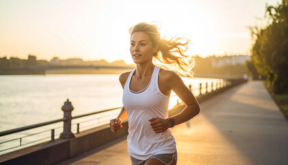 Fit woman running along riverside path at sunrise, golden light, energetic lifestyle photo