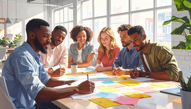 Professional business meeting with diverse team around table, modern office, natural lighting, realistic photography, collaborative atmosphere - Powered by Adobe