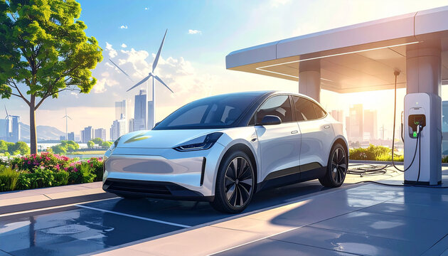 Electric vehicle charging at modern station, clean daylight, futuristic eco-friendly design