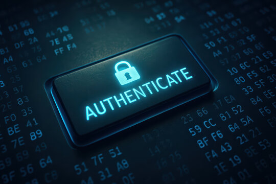 Authenticate button with lock icon glowing on digital background, cybersecurity concept, data protection, secure access, technology interface, network security, digital authentication