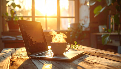 Laptop with steaming coffee cup on rustic wooden table, soft warm light, aesthetic workspace
