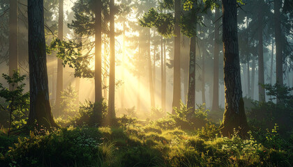 Misty forest with soft morning light filtering through trees, calm atmospheric mood