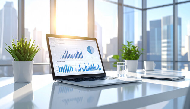 Laptop displaying financial charts on clean modern office desk, daylight, realistic business scene