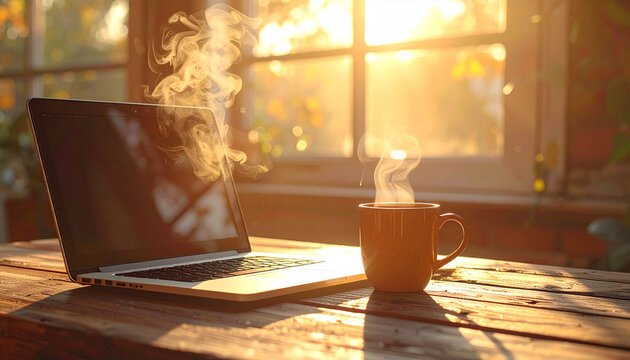 Laptop with steaming coffee cup on rustic wooden table, soft warm light, aesthetic workspace - Powered by Adobe