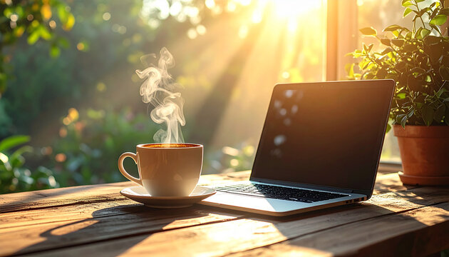Laptop with steaming coffee cup on rustic wooden table, soft warm light, aesthetic workspace