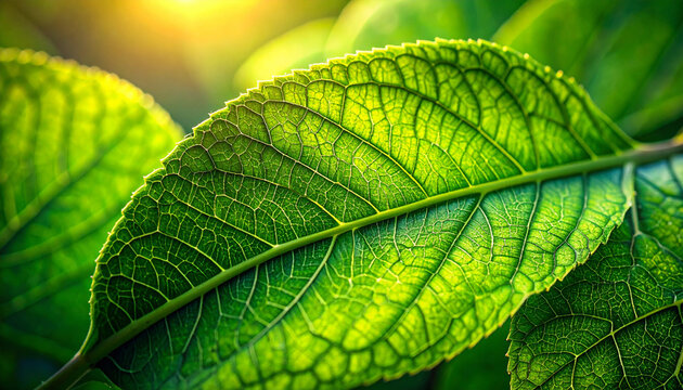 Macro shot of fresh green leaves with visible veins, soft diffuse lighting, natural texture