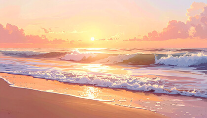 Obraz premium Soft ocean waves rolling onto beach at warm sunset, orange-pink sky, peaceful mood