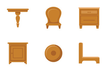 Classic furniture elements, ornate corbel shelf, vintage chair back, bedside cabinet, panel door, round plug, wooden leg © RA Studio