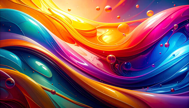 Vibrant liquid shapes blending smoothly, glossy surface, modern digital abstract style - Powered by Adobe