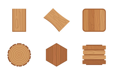Wood texture icons set, round log slice, square plank, rectangular board, hexagon panel, stacked timber pieces, vector