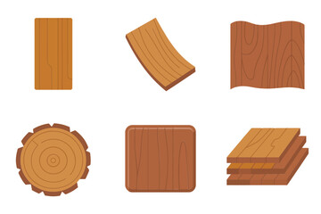 Mixed wood material icons, rounded plank, curved board, square tile, round stump slice, layered boards stack, natural vector