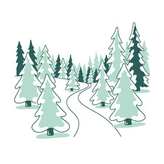 Obraz premium Hand-drawn winter forest landscape with snow-covered coniferous trees 
