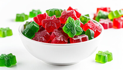 Red and green Christmas gummy candies in a bowl, white background. AI